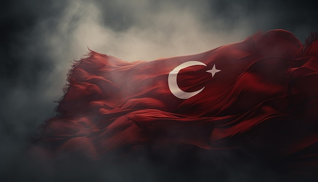 煙の中で舞い上がるトルコの国旗