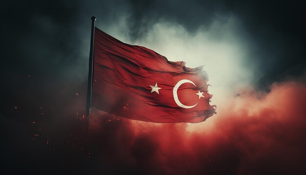 Turkish flag soaring in the smoke