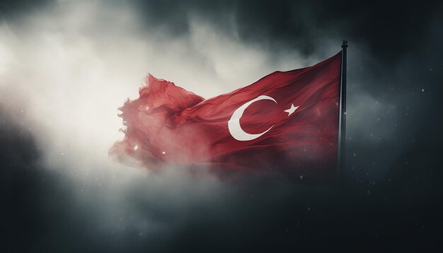 Turkish flag soaring in the smoke