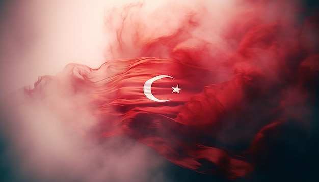 Turkish flag soaring and waving in the smoke Victory day celebration