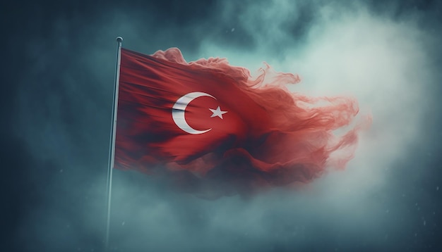 Turkish flag soaring and waving in the smoke Victory day celebration