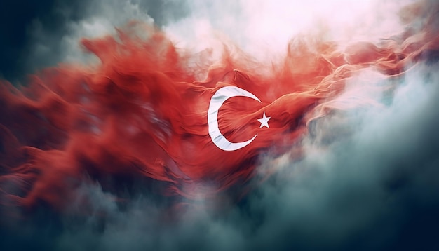 Турецкий флаг парит и развевается в дыму празднования Дня Победы