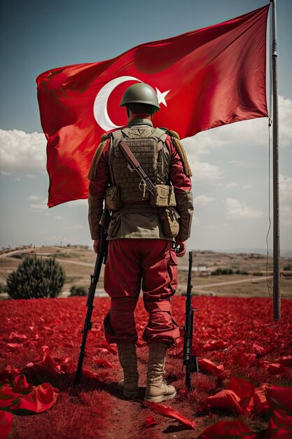 Turkish flag next to the soldier very realistic