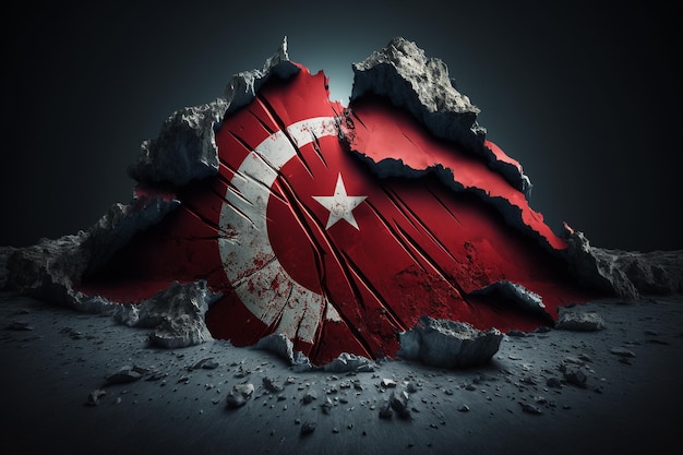 The Turkish flag over the state after the earthquake Ruins destruction tragedy disaster