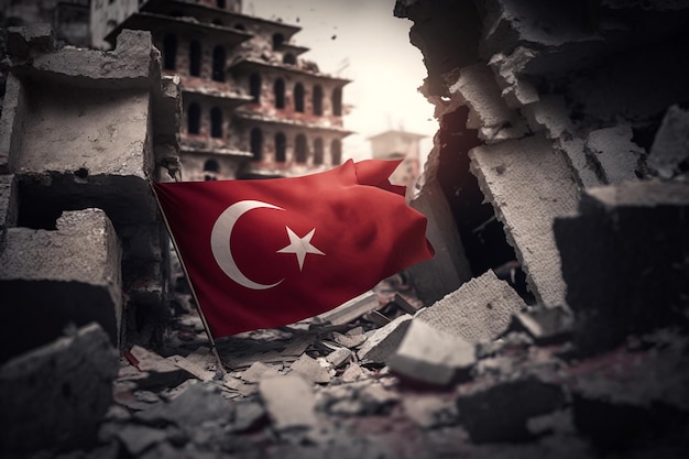 The Turkish flag over the state after the earthquake Ruins destruction tragedy disaster