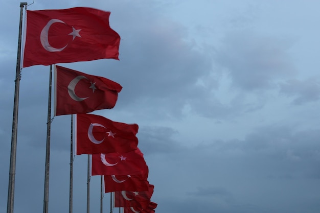 トルコの旗がビーチに一列に並んでいます