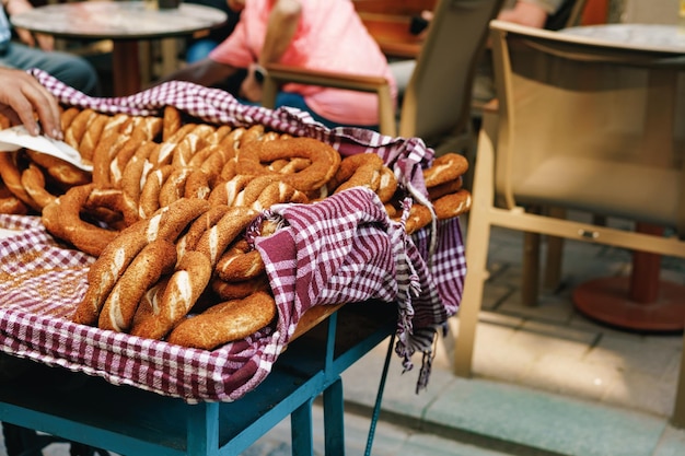 Turkish food cart with traditional bagels in the street of istanbul