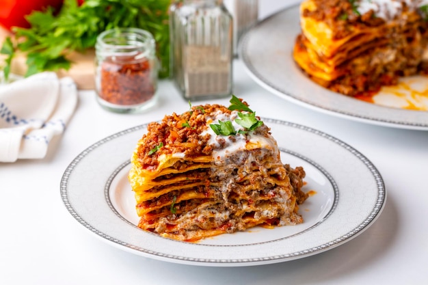 Turkish Food Kayseri Yaglama with Minced Meat, Yogurt and Tomato Paste