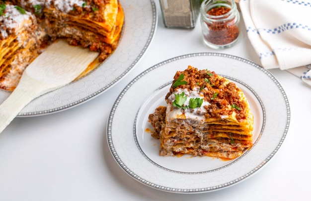 Turkish Food Kayseri Yaglama with Minced Meat, Yogurt and Tomato Paste