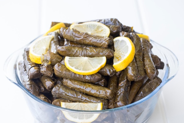 Turkish foods; A plate of delicious stuffed grape leaves