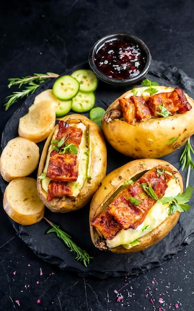 Turkish Kumpir baked potatoes stuffed with cheese bacon salty cucumber herbs and butter