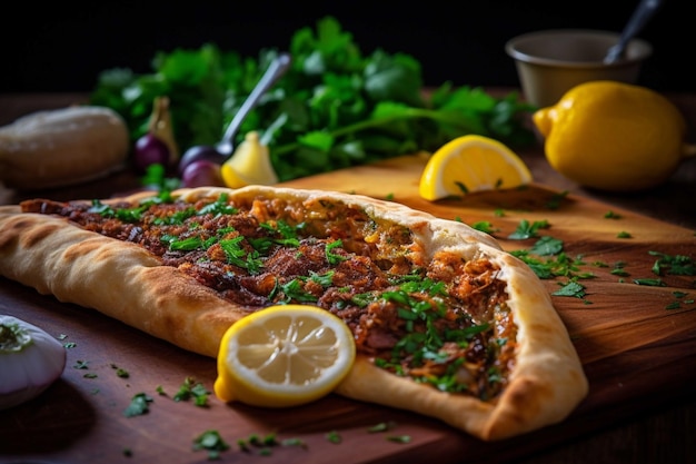 Foto lahmacun turco con carne macinata e limone su una tavola di legno