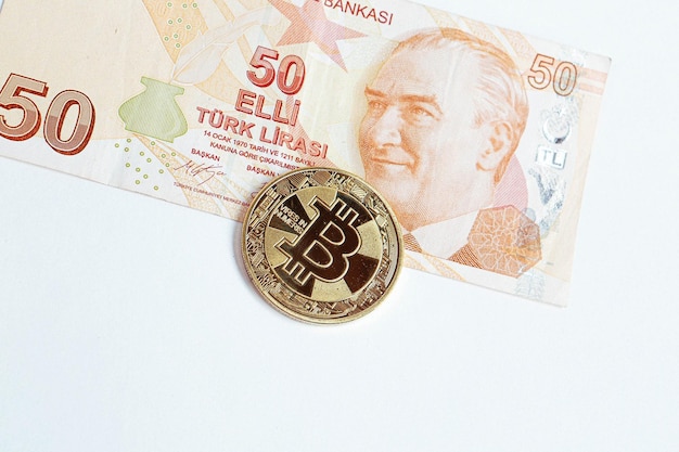 Turkish lira banknotes and bitcoin coin