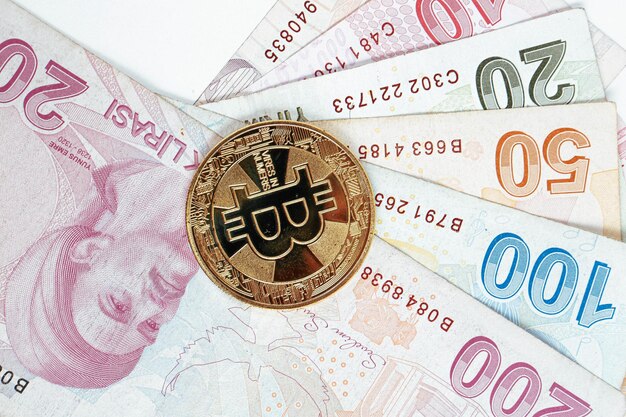 Turkish lira banknotes and bitcoin coin