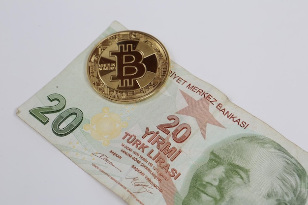 Turkish lira banknotes and bitcoin coin