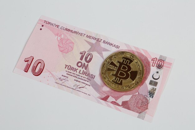 Turkish lira banknotes and bitcoin coin