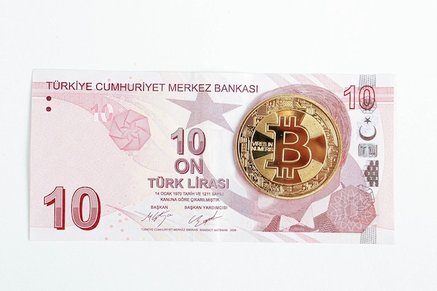 Photo turkish lira banknotes and bitcoin coin