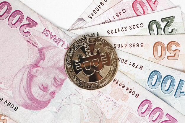 Turkish lira banknotes and bitcoin coin