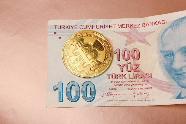 Turkish lira banknotes and bitcoin coin