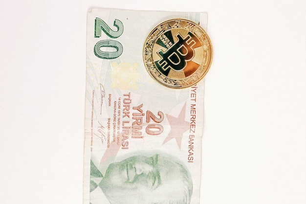 Turkish lira banknotes and bitcoin coin