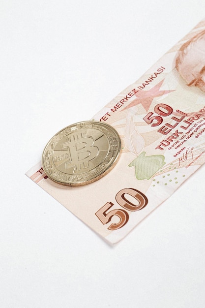 Turkish lira banknotes and bitcoin coin