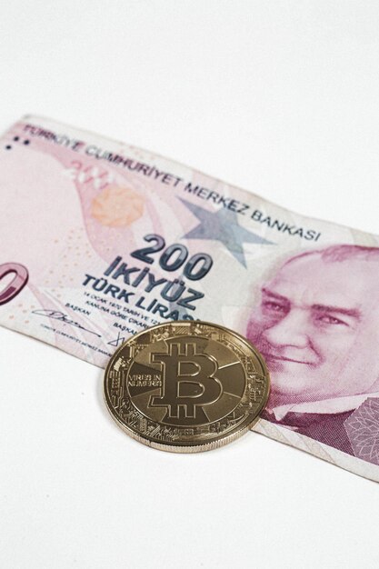 Turkish lira banknotes and bitcoin coin