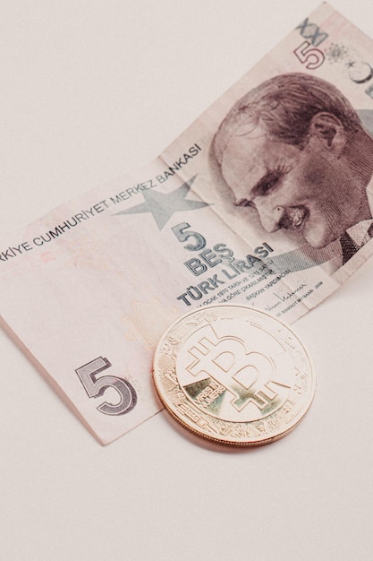 Turkish lira banknotes and bitcoin coin