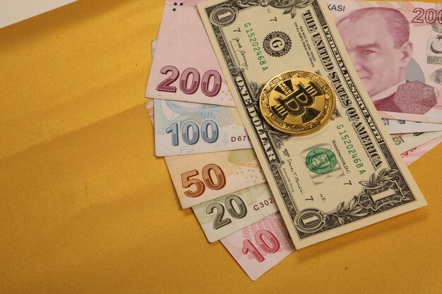 写真 トルコリラ紙幣米ドルとビットコインコイン