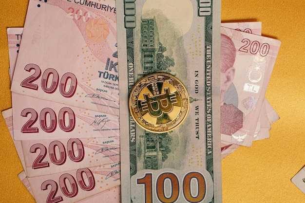 Банкноты турецкой лиры, доллары США и монета биткойн