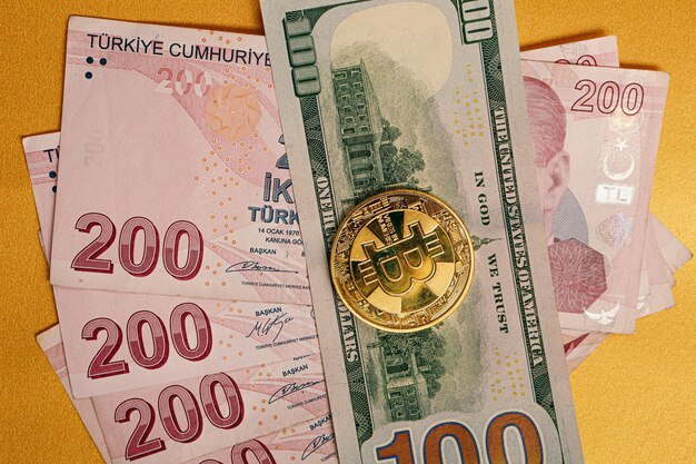 Turkish lira banknotes US Dollars and bitcoin coin