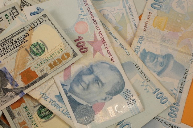 Turkish lira banknotes and US Dollars