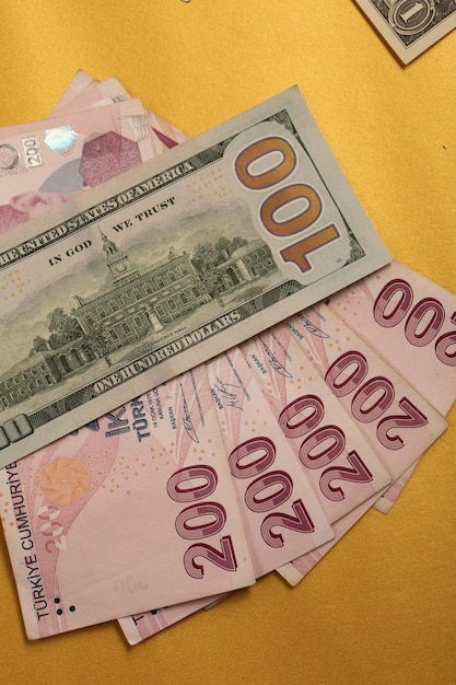 Turkish lira banknotes and US Dollars