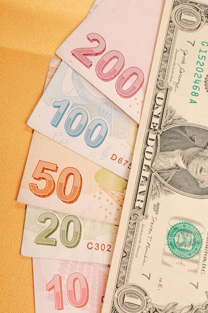 Turkish lira banknotes and US Dollars