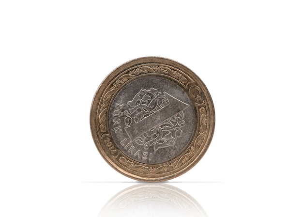 turkish lira a coin made of white and yellow metal isolate for clipping on a white background