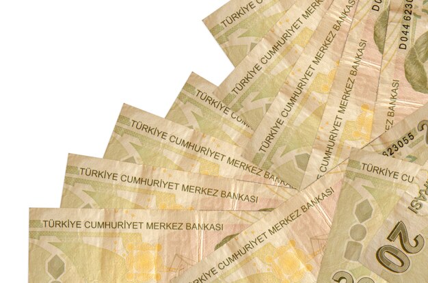 터키 리라 지폐는 흰색에 고립 된 다른 순서로 놓여 있습니다.