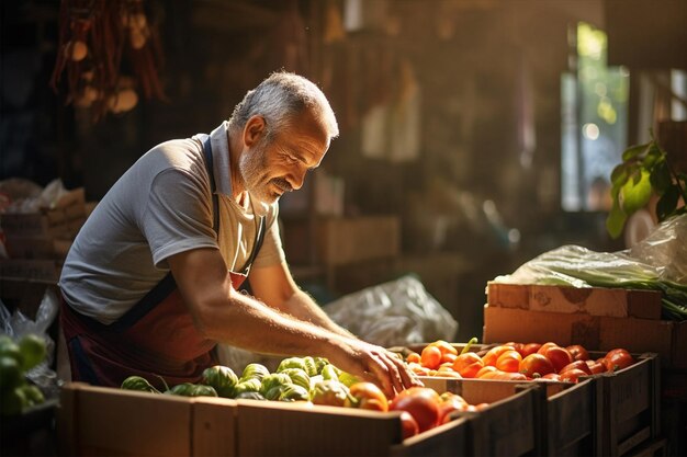 Turkish man selling lays out vegetables