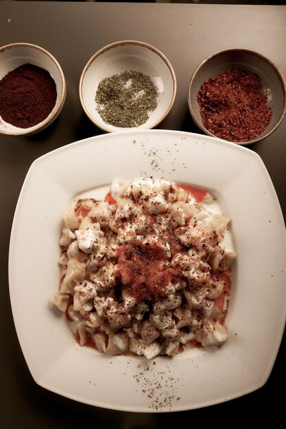 Turkish Manti manlama on plate