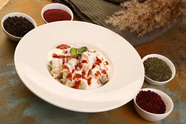 Turkish Manti manlama on plate