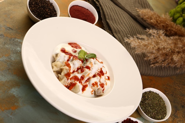 Turkish Manti manlama on plate