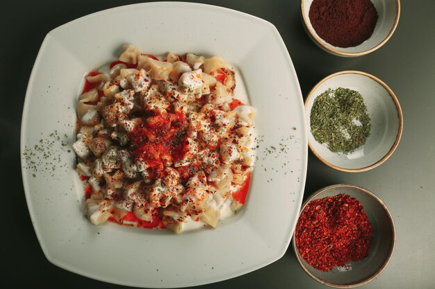 Turkish Manti manlama on plate