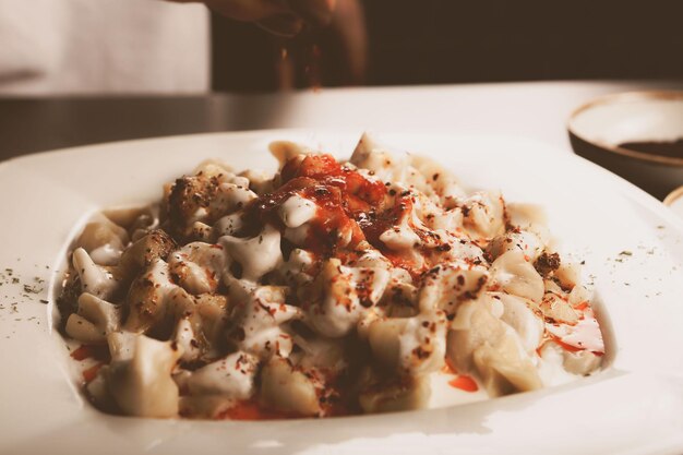 Turkish Manti manlama on plate