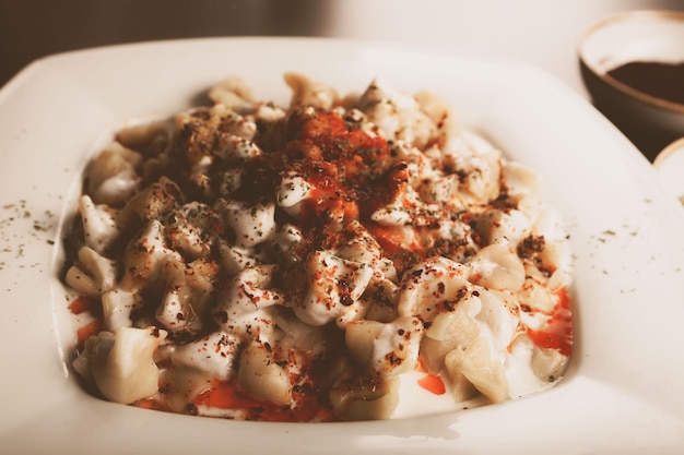 Turkish Manti manlama on plate