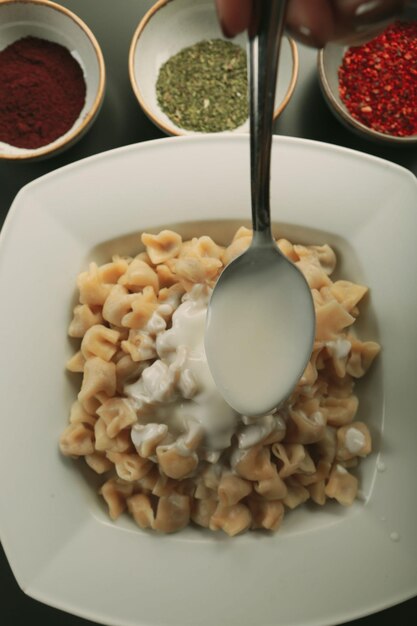 Turkish Manti manlama on plate