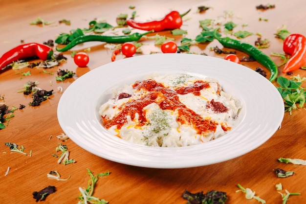 Turkish Manti manlama on plate