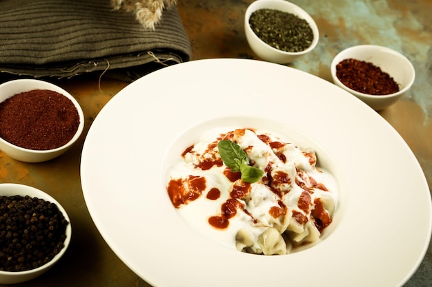 Turkish Manti manlama on plate