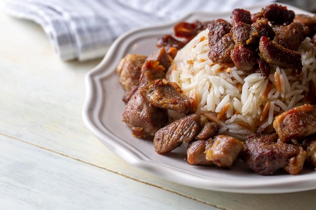 Turkish Meat Et Kavurma with rice - pilav (Turkish name; kurban kavurma, pilav ustu kavurma)