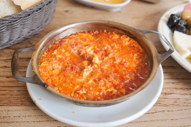 Turkish Menemen omelet in a frying pan