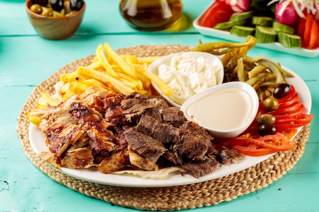 Foto piatto di shawarma di carne mista turca con insalata di salsa di maionese con patatine fritte servita in un piatto isolato sulla vista laterale del tagliere