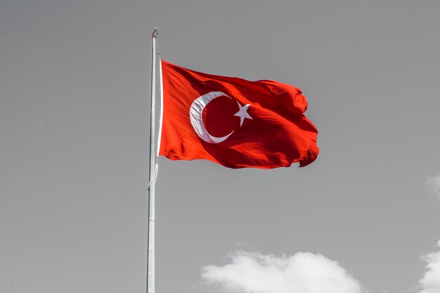 写真 屋外のポールに吊るされるトルコ国旗