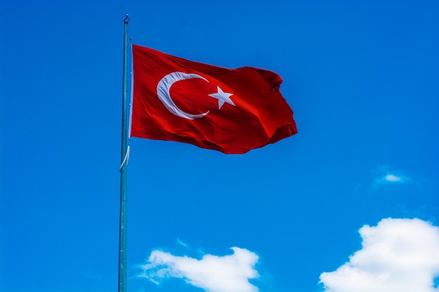 写真 トルコの国旗が露天の柱に掲げられている
